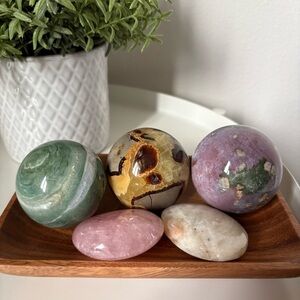 2 Ocean Jaspers, Septarian Nodules Sphere, Moon Stone & Rose Quartz Palm Stones
